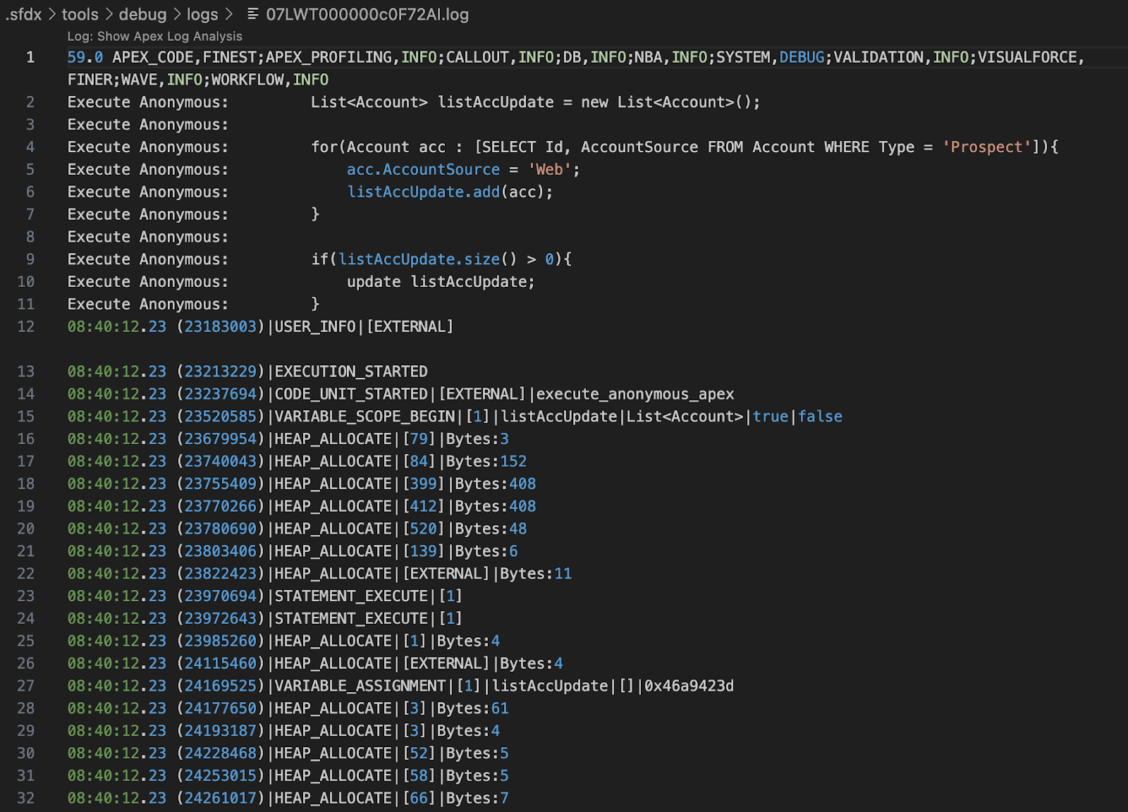 Apex Debug Log Example